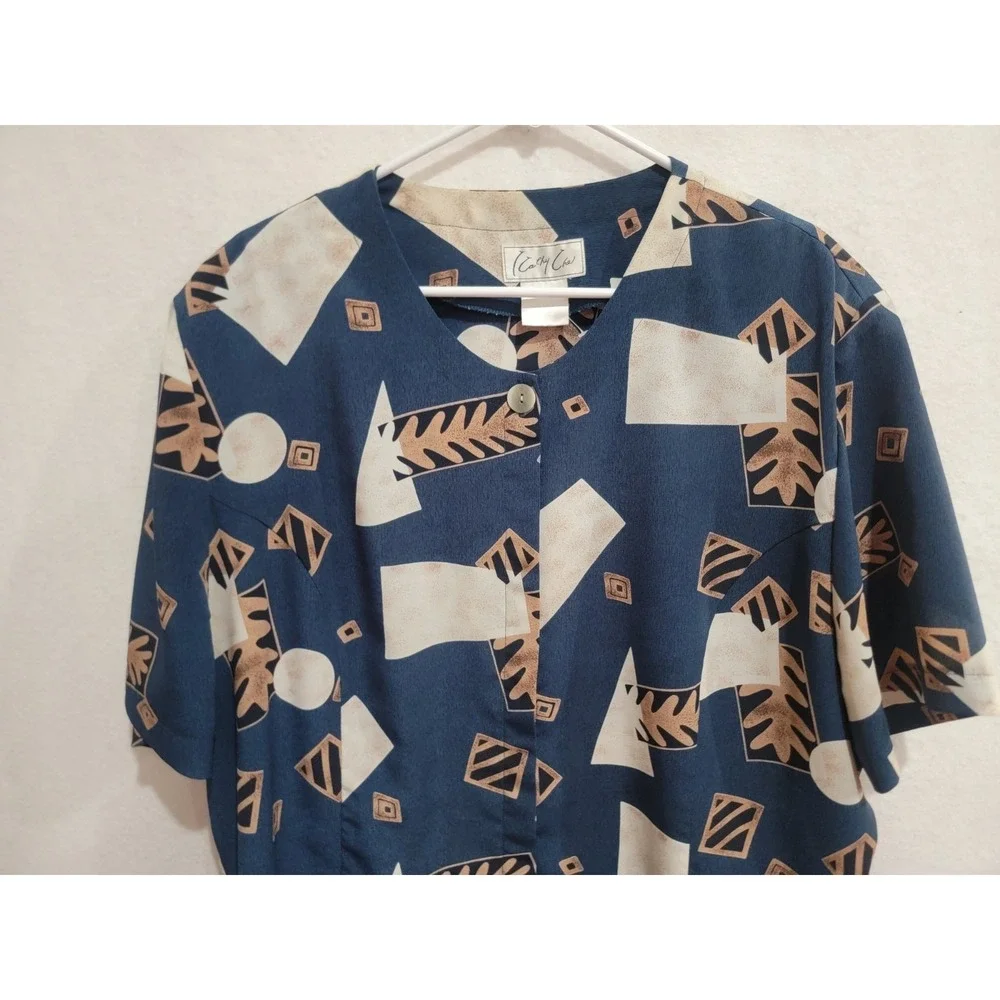 Vintage 90s‎ Cathy Che 2X Navy Abstract Geometric Scalloped Blouse Shoulder Pads